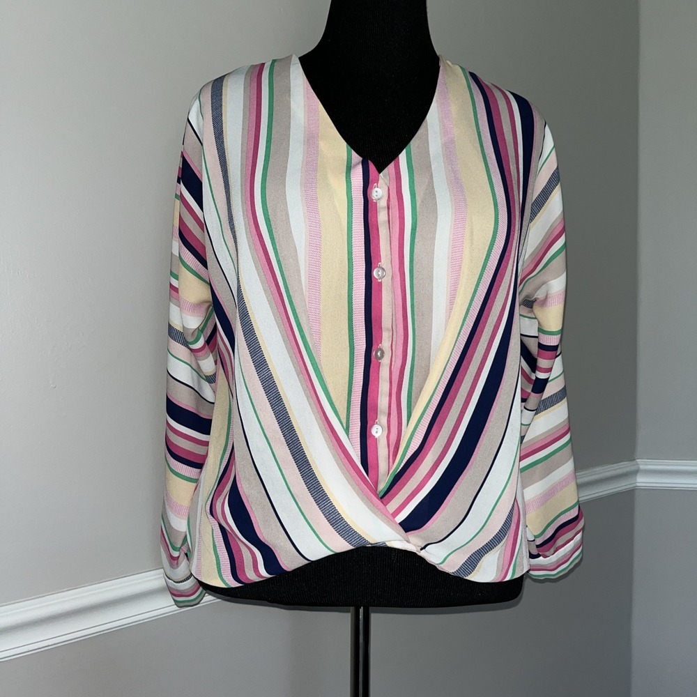 Peck & Peck Multicolor‎ Striped Knit Blouse Size Small Faux Wrap Minimalist Top